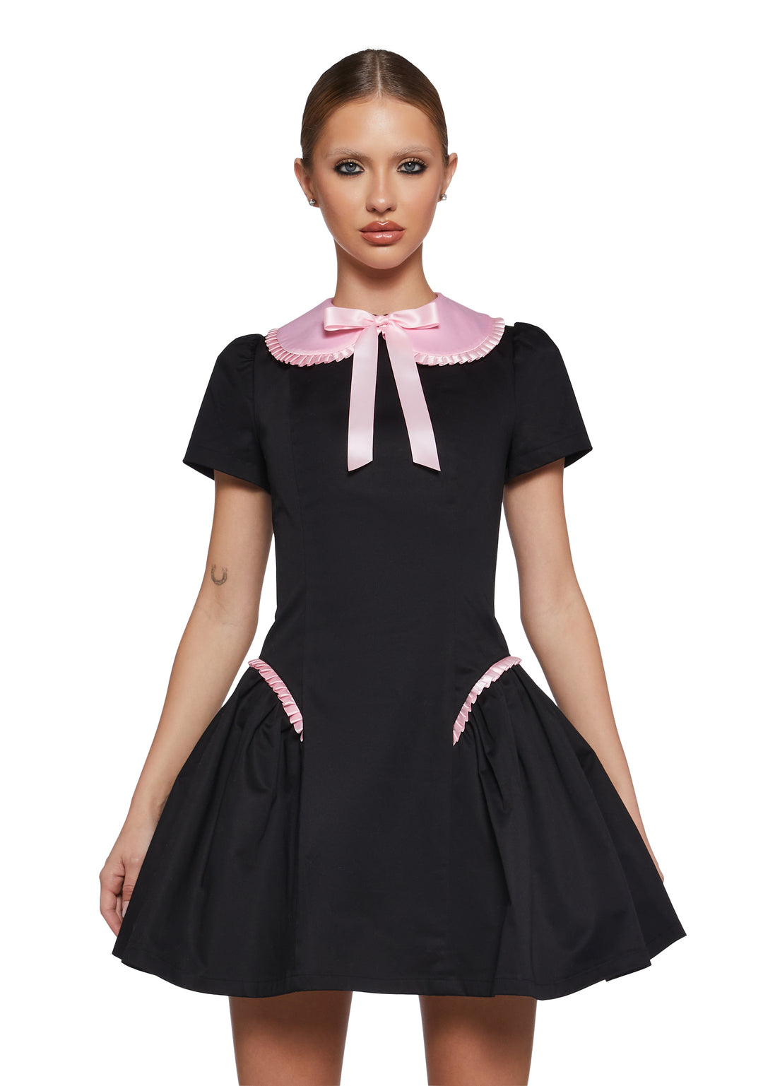 Twill Pleated Ruffle Peter Pan Collar Mini Dress Sugar Thrillz - Black