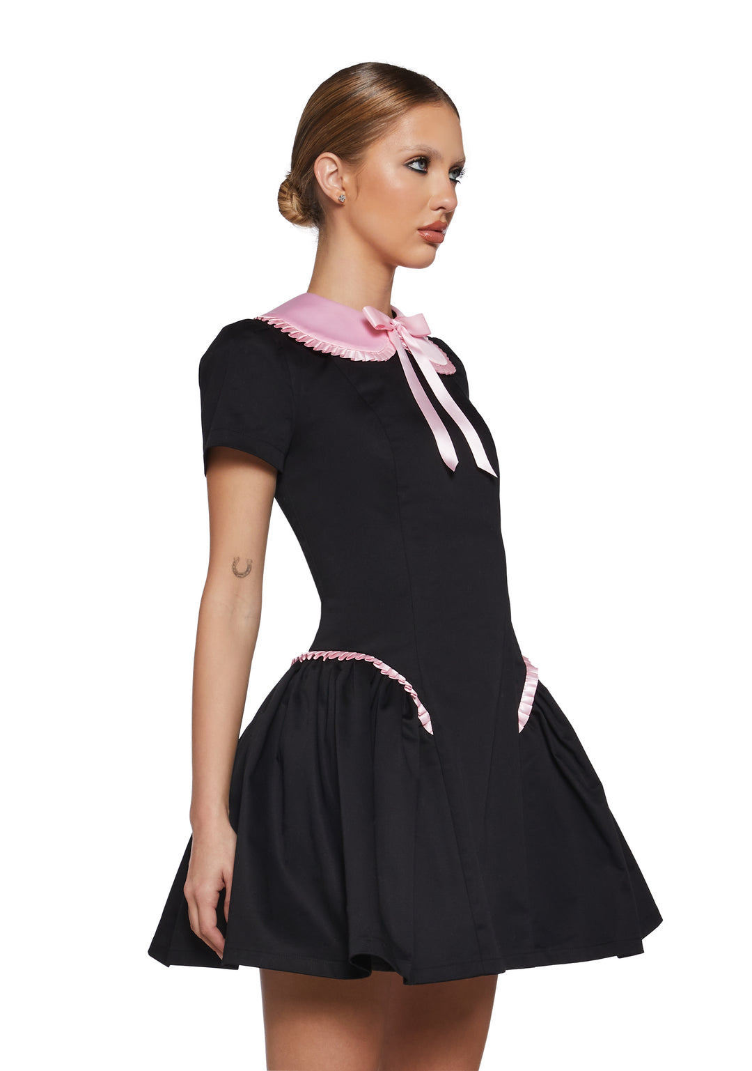 Twill Pleated Ruffle Peter Pan Collar Mini Dress Sugar Thrillz - Black - Image 3