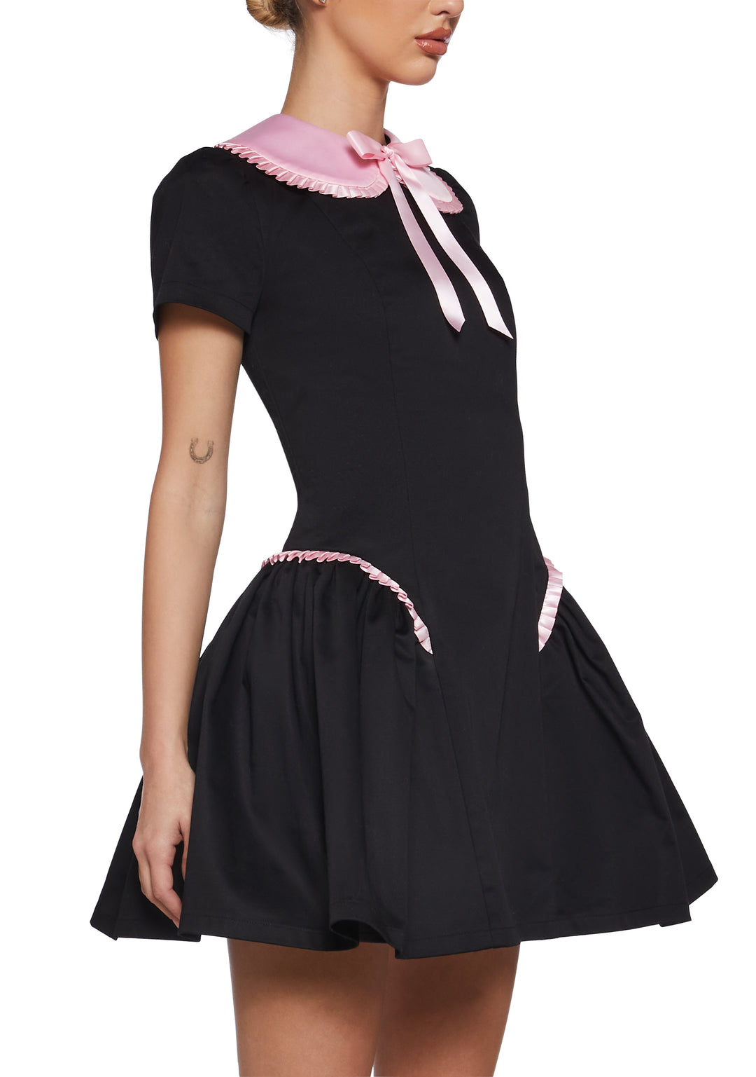 Twill Pleated Ruffle Peter Pan Collar Mini Dress Sugar Thrillz - Black - Image 5