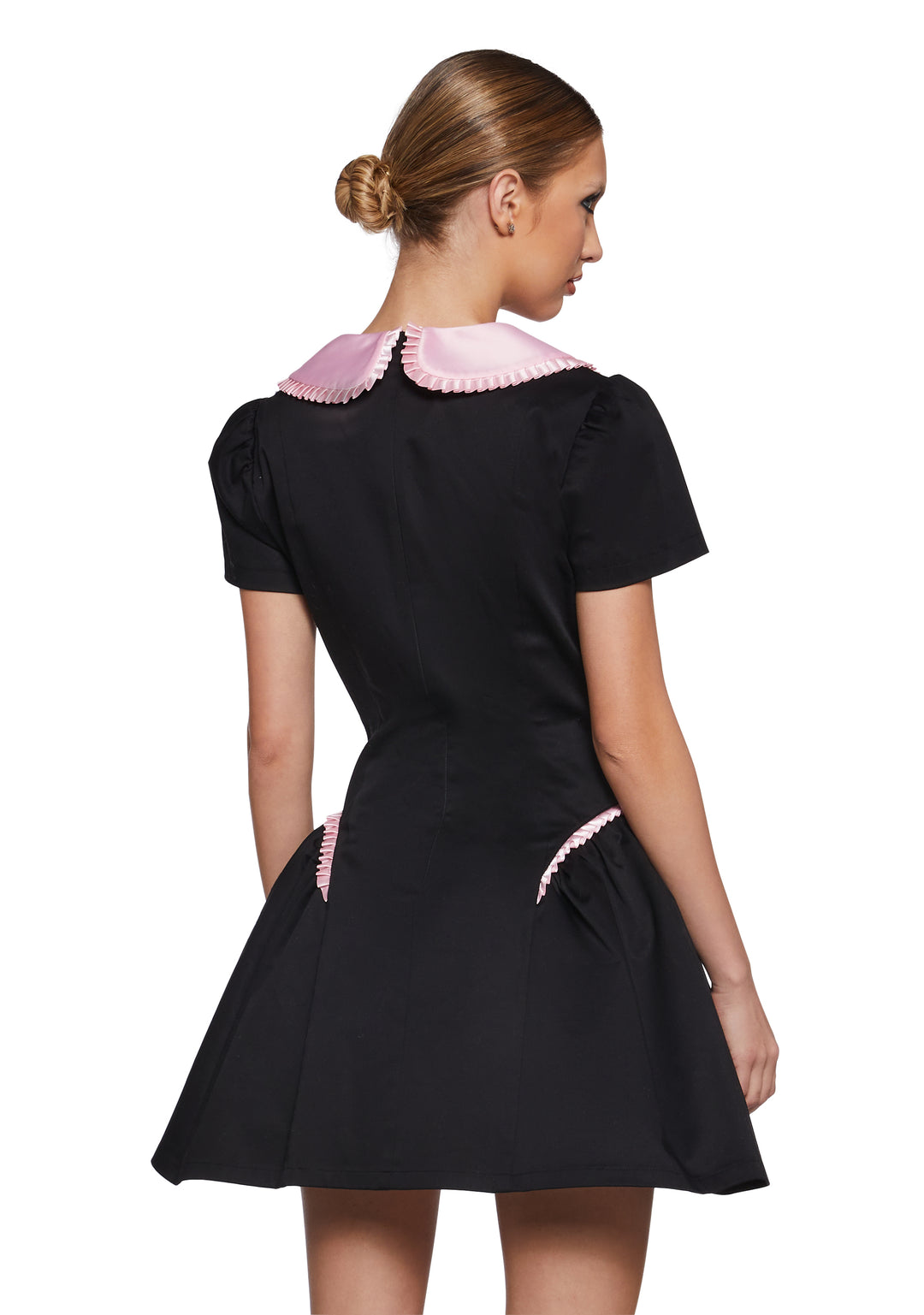 Twill Pleated Ruffle Peter Pan Collar Mini Dress Sugar Thrillz - Black - Image 4
