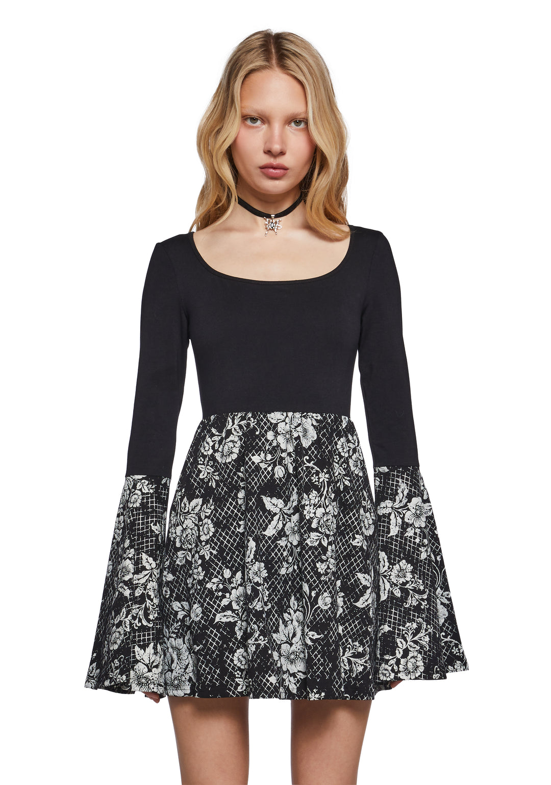 Womens Sexy Babydoll Dress With Floral Graphic Print Delias - Black