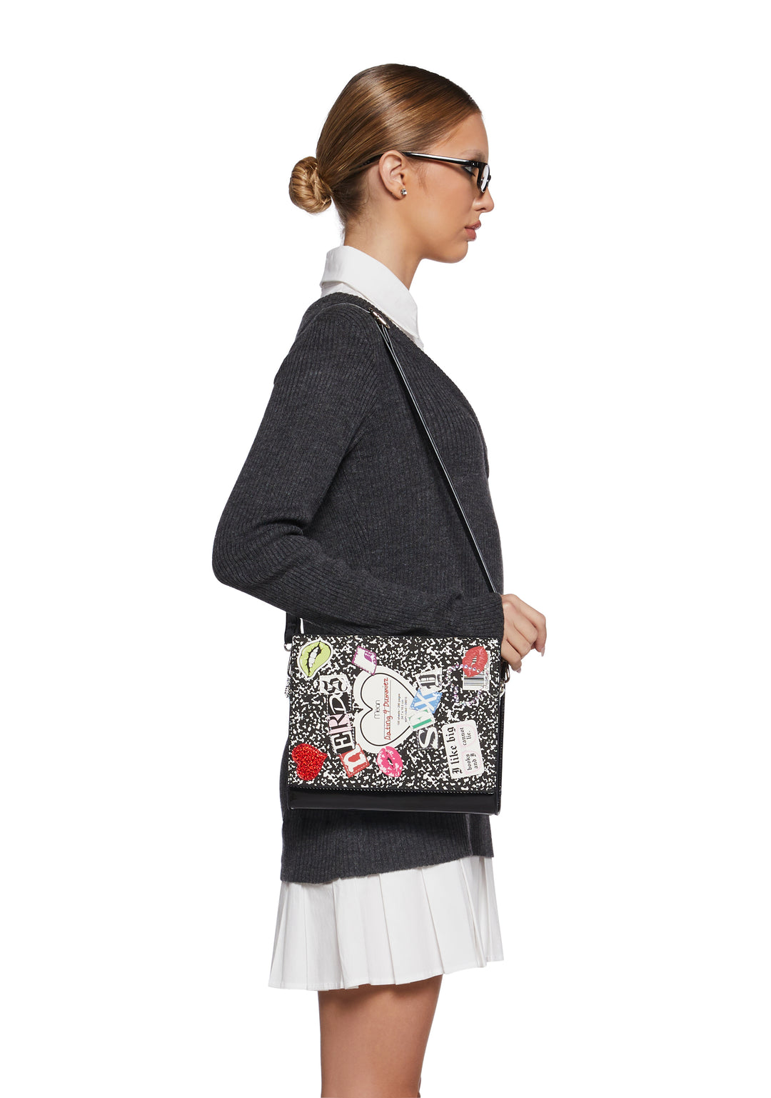 Patent Vegan Leather Composition Book Shaped Crossbody Bag Sugar Thrillz - Multi - Image 2