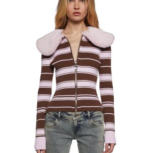 Stretchy Ribbed Knit Faux Fur Striped Zip-Up Cardigan Sugar Thrillz - Multi