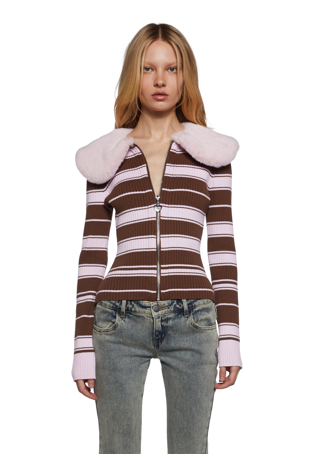 Stretchy Ribbed Knit Faux Fur Striped Zip-Up Cardigan Sugar Thrillz - Multi