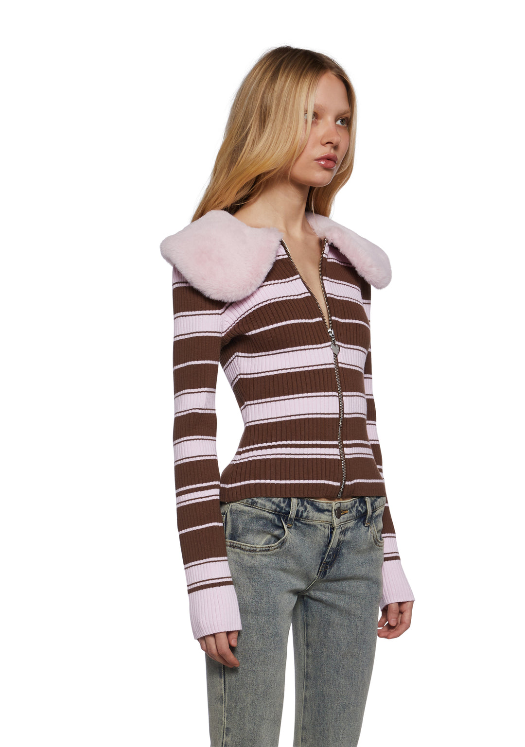 Stretchy Ribbed Knit Faux Fur Striped Zip-Up Cardigan Sugar Thrillz - Multi - Image 3