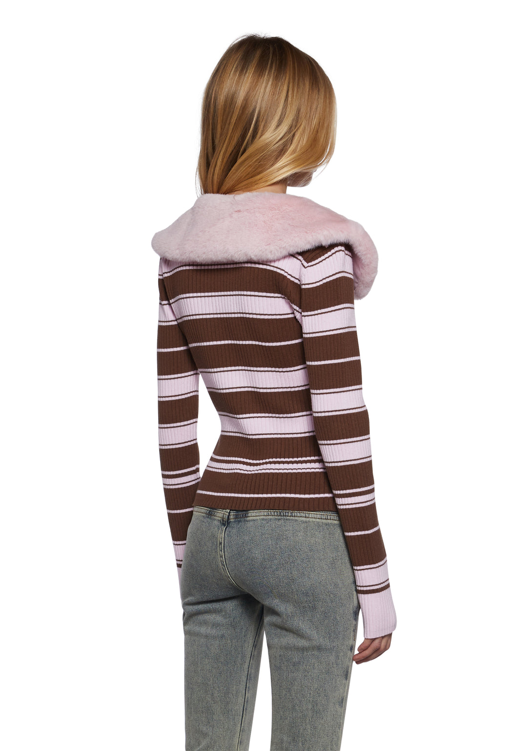 Stretchy Ribbed Knit Faux Fur Striped Zip-Up Cardigan Sugar Thrillz - Multi - Image 4