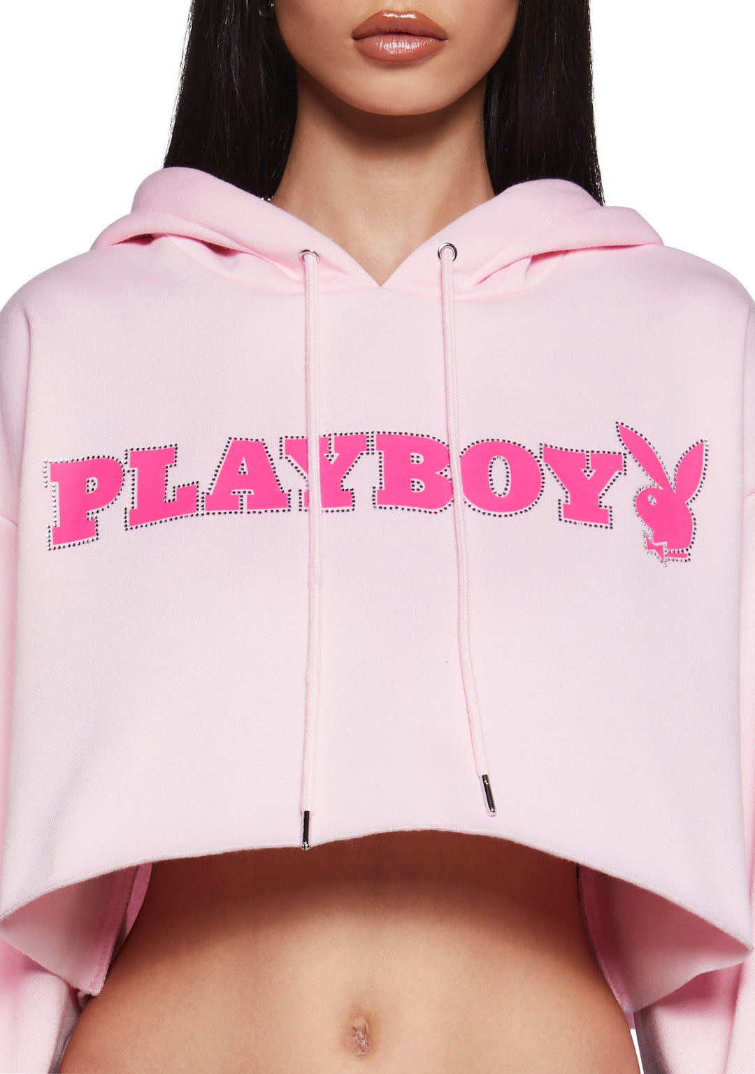 Dolls Kill x Playboy Playmate Fleece Graphic Logo Cropped Hoodie - Pink - Image 5