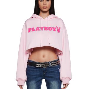 Dolls Kill x Playboy Playmate Fleece Graphic Logo Cropped Hoodie - Pink