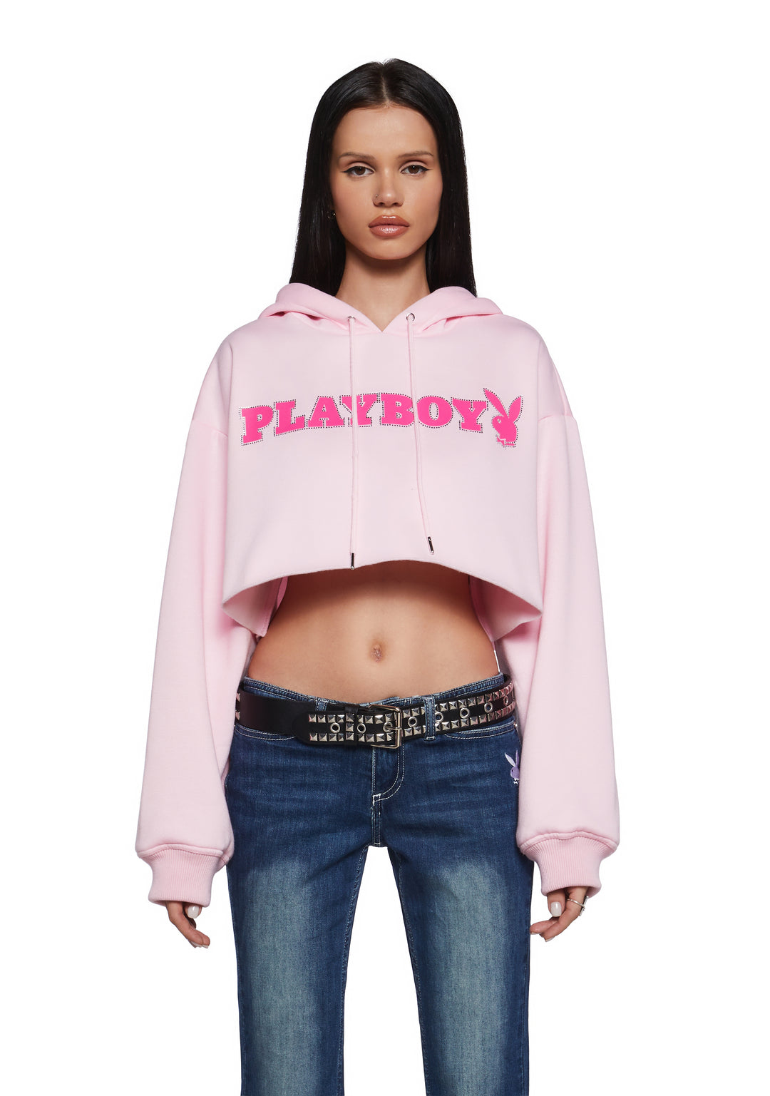 Dolls Kill x Playboy Playmate Fleece Graphic Logo Cropped Hoodie - Pink