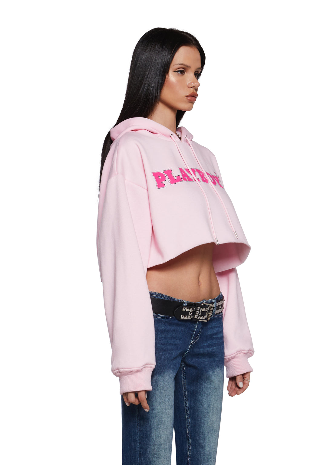 Dolls Kill x Playboy Playmate Fleece Graphic Logo Cropped Hoodie - Pink - Image 3