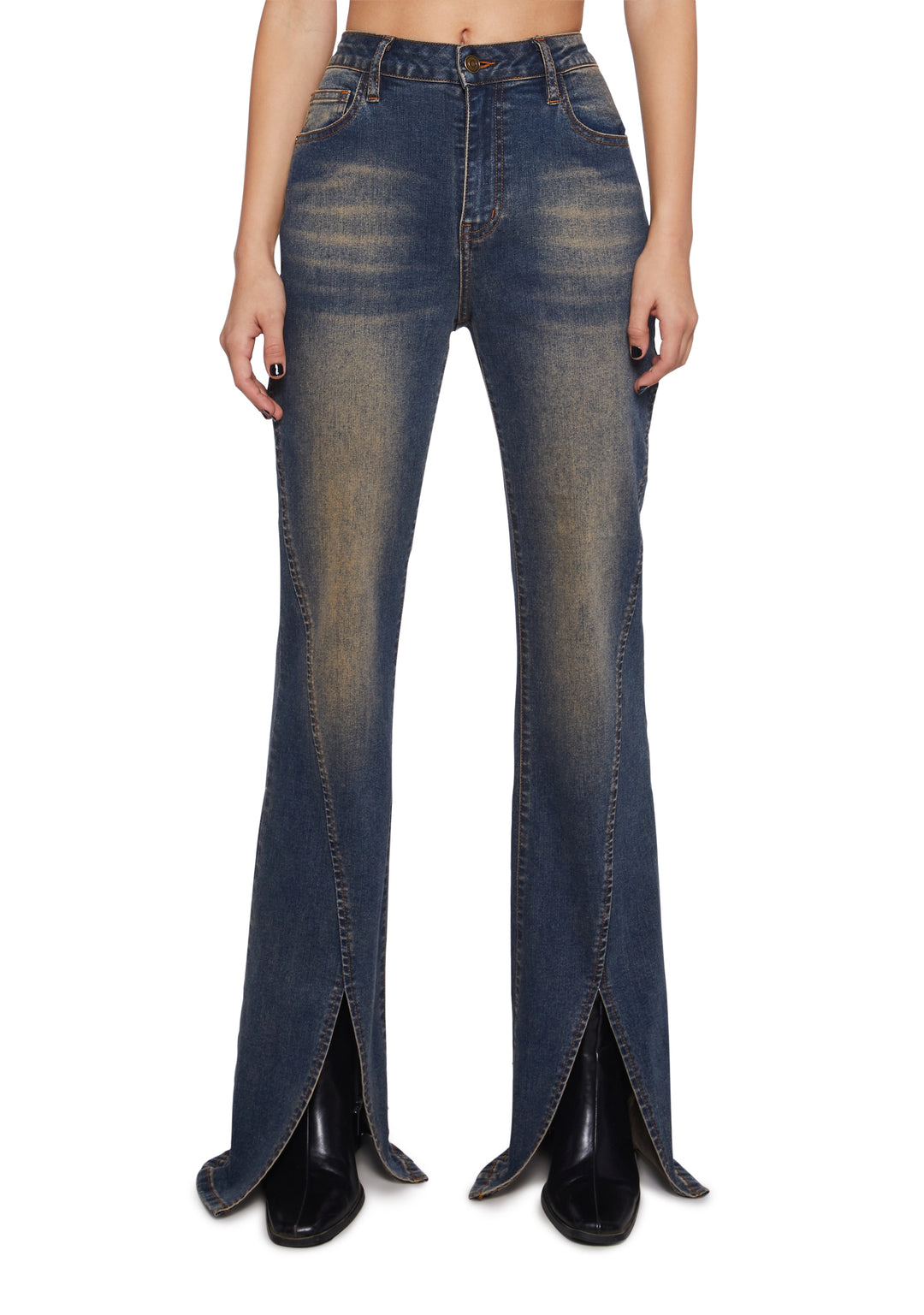 Sexy Womens Split Hem Denim Jeans - Blue