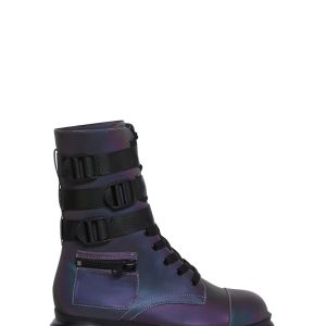 Womens Reflective Buckled Platform Pocket Combat Boots Poster Grl - Metallic