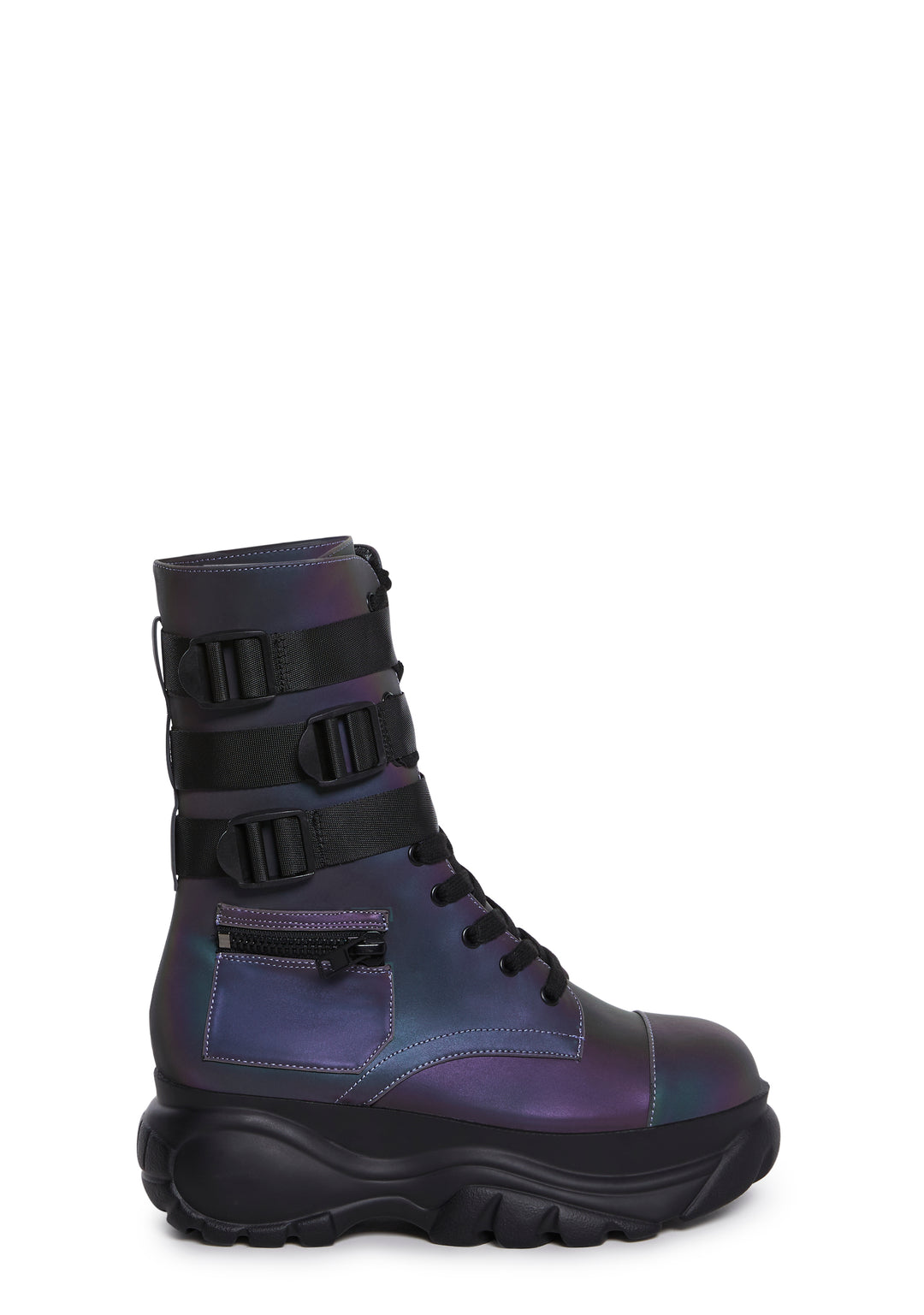 Womens Reflective Buckled Platform Pocket Combat Boots Poster Grl - Metallic