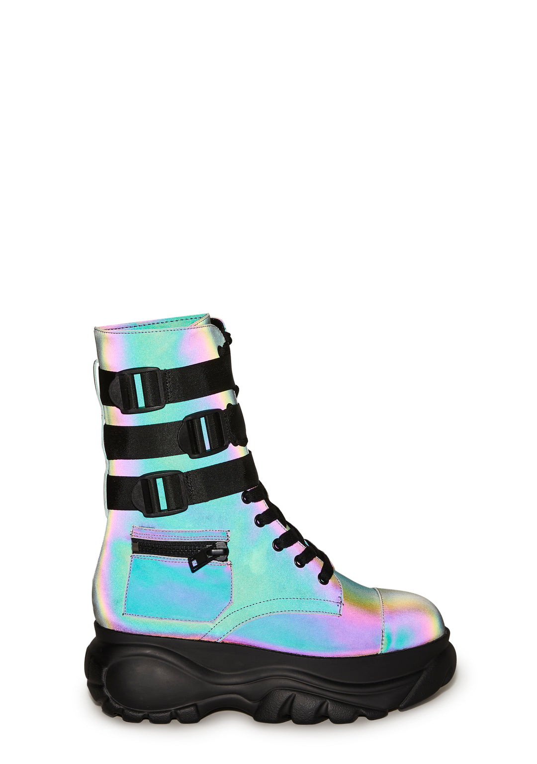 Womens Reflective Buckled Platform Pocket Combat Boots Poster Grl - Metallic - Image 2