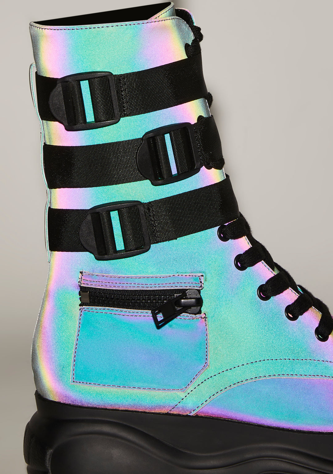 Womens Reflective Buckled Platform Pocket Combat Boots Poster Grl - Metallic - Image 5