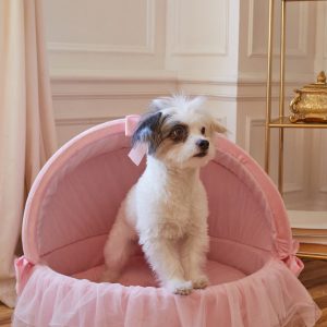 Faux Fur Ruffled Mesh Satin Bow Canopy Pet Bed Dolls Home - Pink