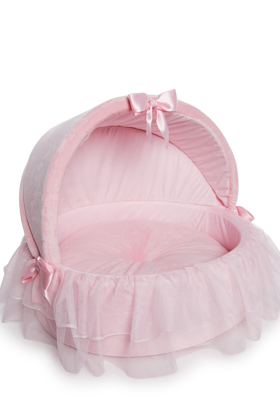 Faux Fur Ruffled Mesh Satin Bow Canopy Pet Bed Dolls Home - Pink - Image 5