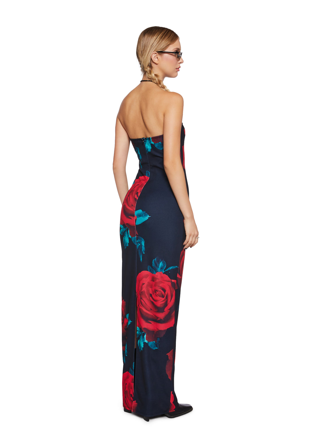 Stretchy Rose Print Knit Strapless Maxi Dress - Black - Image 4