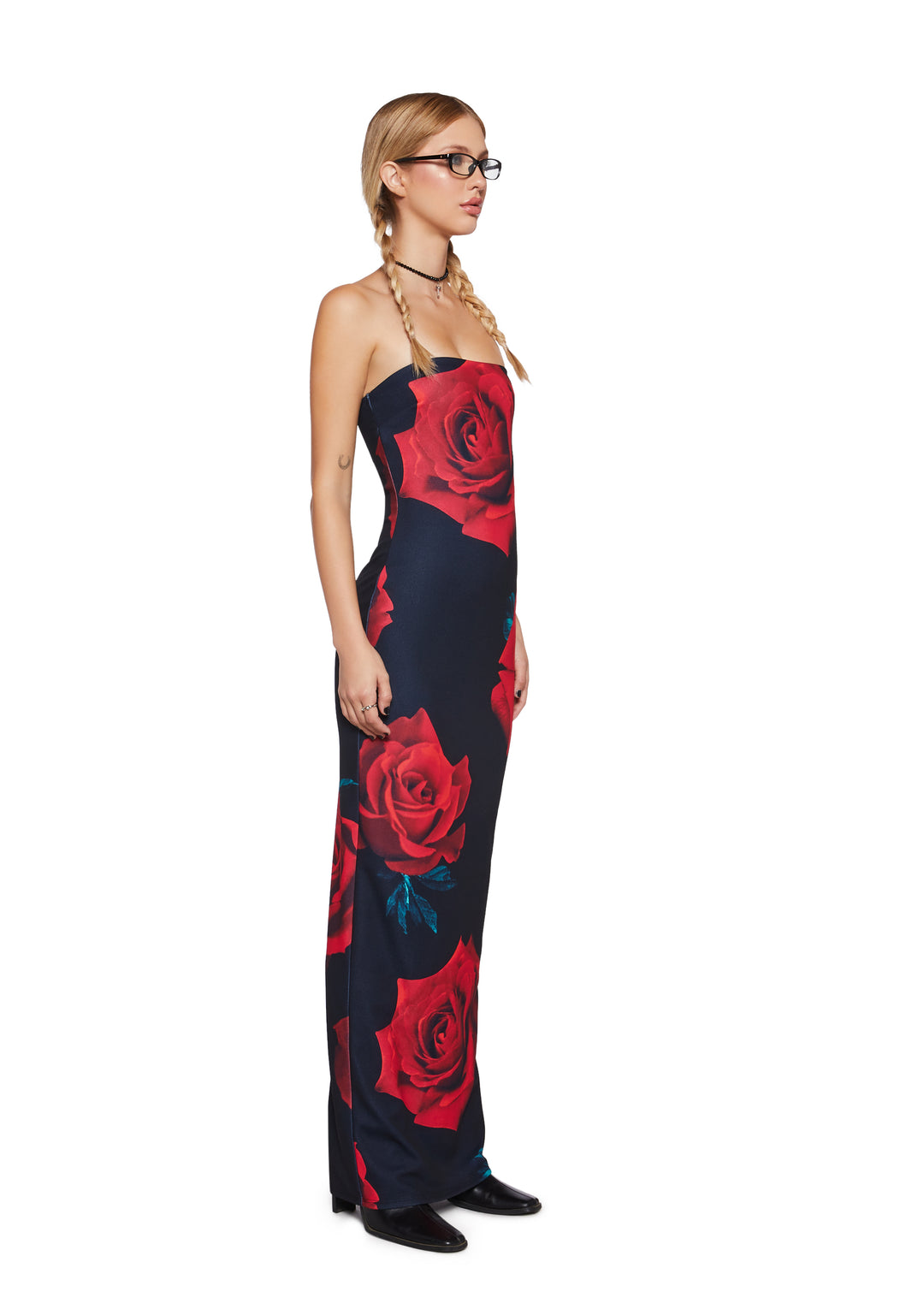 Stretchy Rose Print Knit Strapless Maxi Dress - Black - Image 3