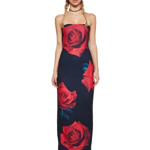 Stretchy Rose Print Knit Strapless Maxi Dress - Black