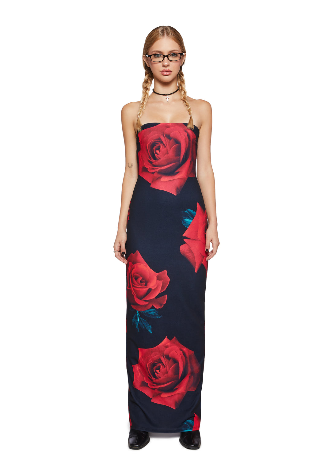 Stretchy Rose Print Knit Strapless Maxi Dress - Black
