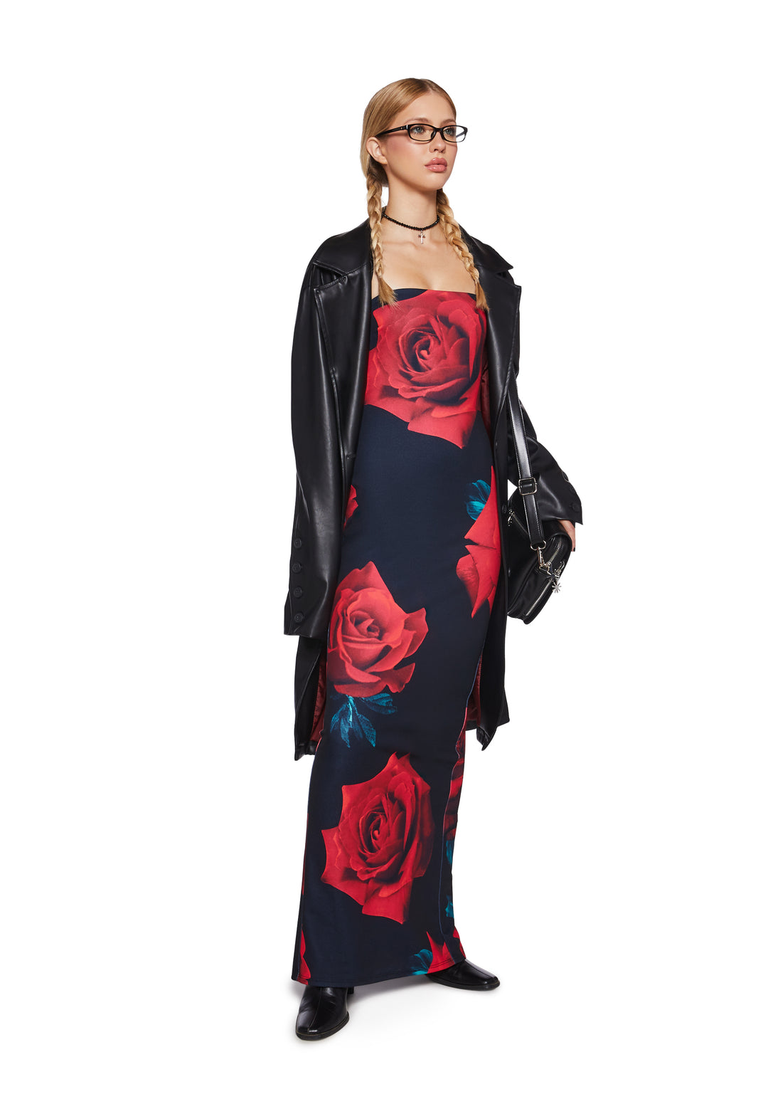 Stretchy Rose Print Knit Strapless Maxi Dress - Black - Image 5