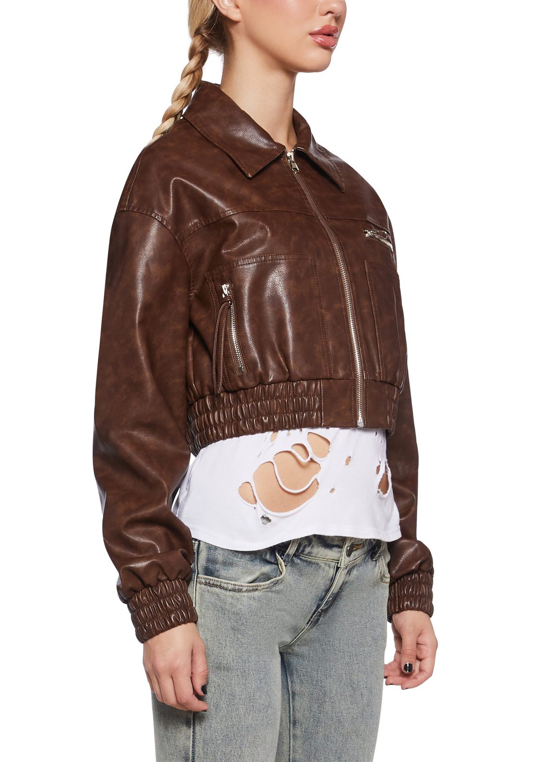 Vegan Leather Cropped Zip-Up Bomber Jacket - Brown - Image 5