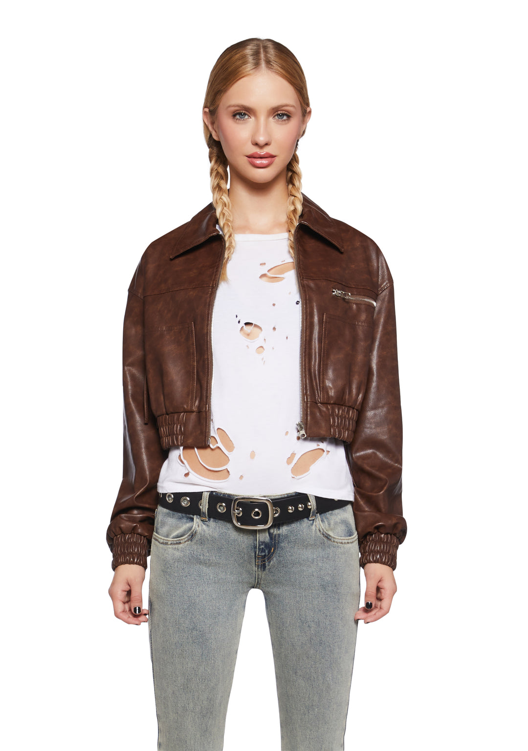 Vegan Leather Cropped Zip-Up Bomber Jacket - Brown