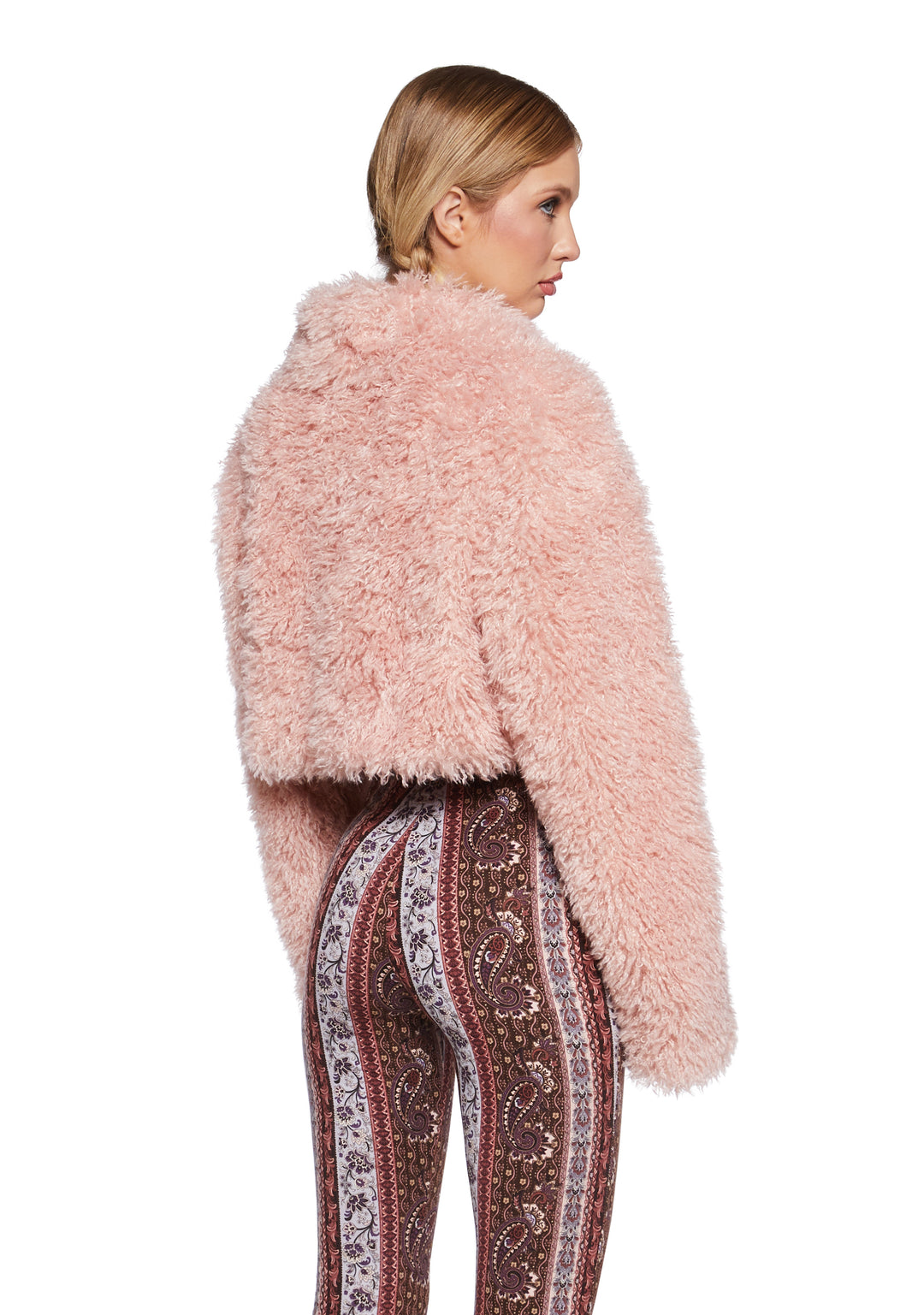 Fuzzy Faux Fur Cropped Jacket - Pink - Image 4