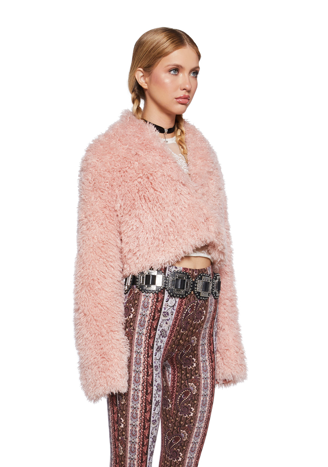 Fuzzy Faux Fur Cropped Jacket - Pink - Image 3