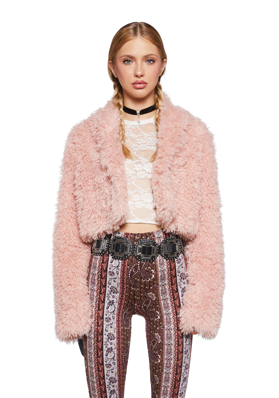Fuzzy Faux Fur Cropped Jacket - Pink