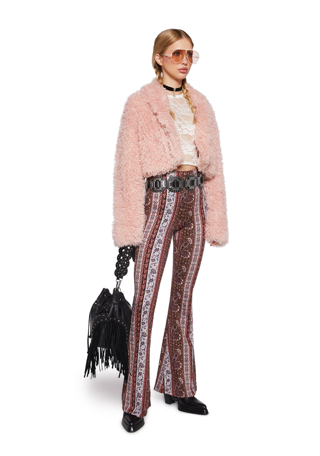 Fuzzy Faux Fur Cropped Jacket - Pink - Image 2