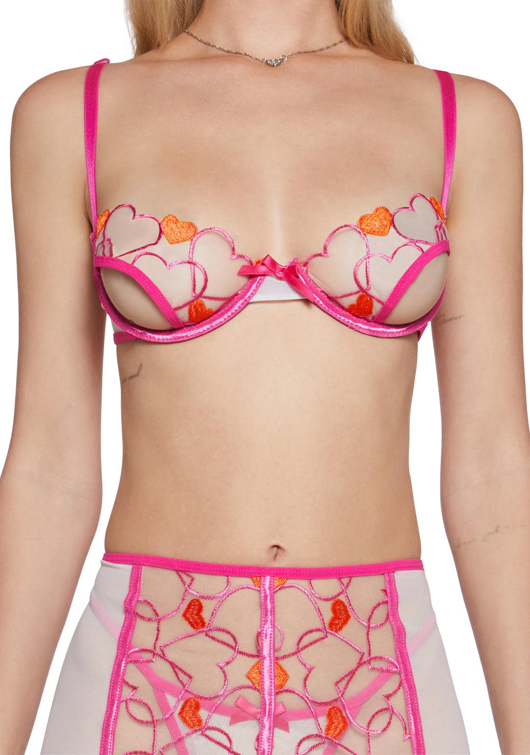 Sheer Mesh Embroidered Heart Bra Thong Panty Garter Skirt Lingerie Set Sugar Thrillz - Red - Image 5