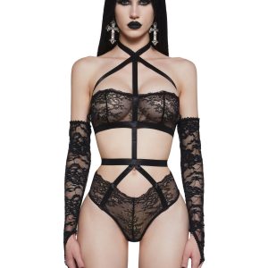 Womens Sexy VDay Sheer Lace Lingerie Bodysuit Set Widow - Black