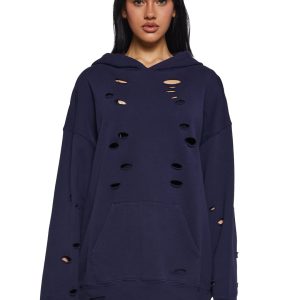Womens Destroyed Distressed Oversized Hoodie Current Mood - Blue