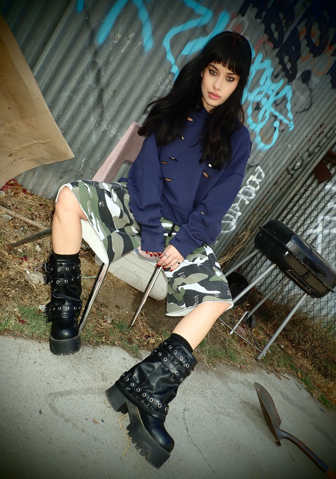 Womens Destroyed Distressed Oversized Hoodie Current Mood - Blue - Image 6