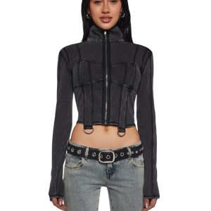 Womens Washed Ribbed Zip Up Jacket Current Mood - Gray