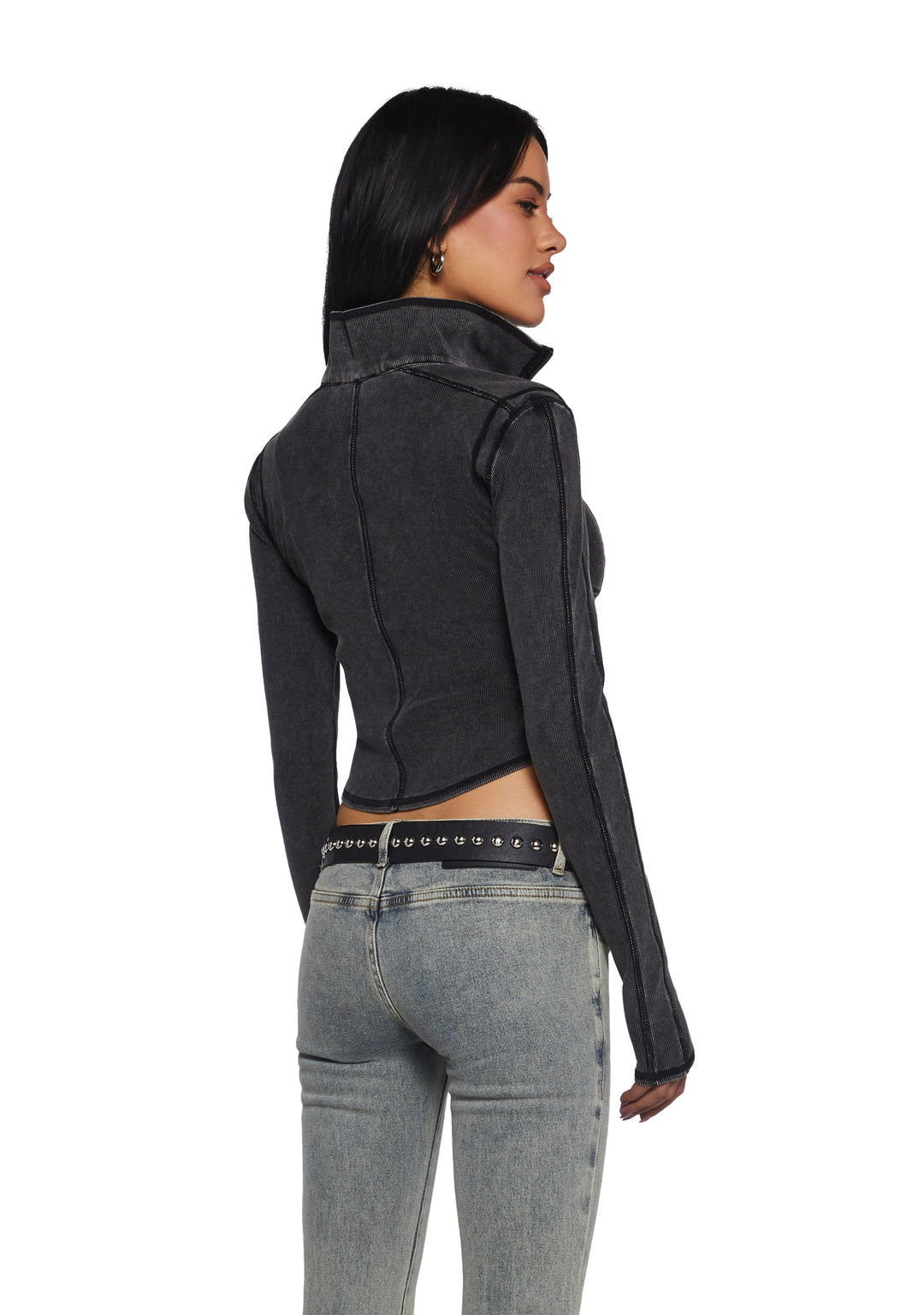 Womens Washed Ribbed Zip Up Jacket Current Mood - Gray - Image 4