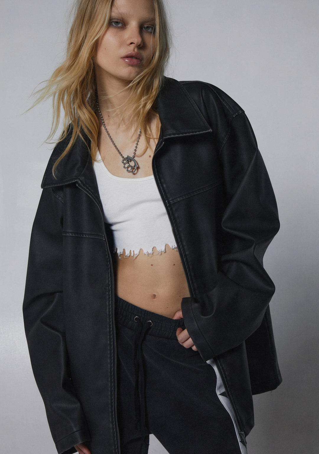 Womens Matte Vegan Leather Oversized Jacket Current Mood - Black - Image 6