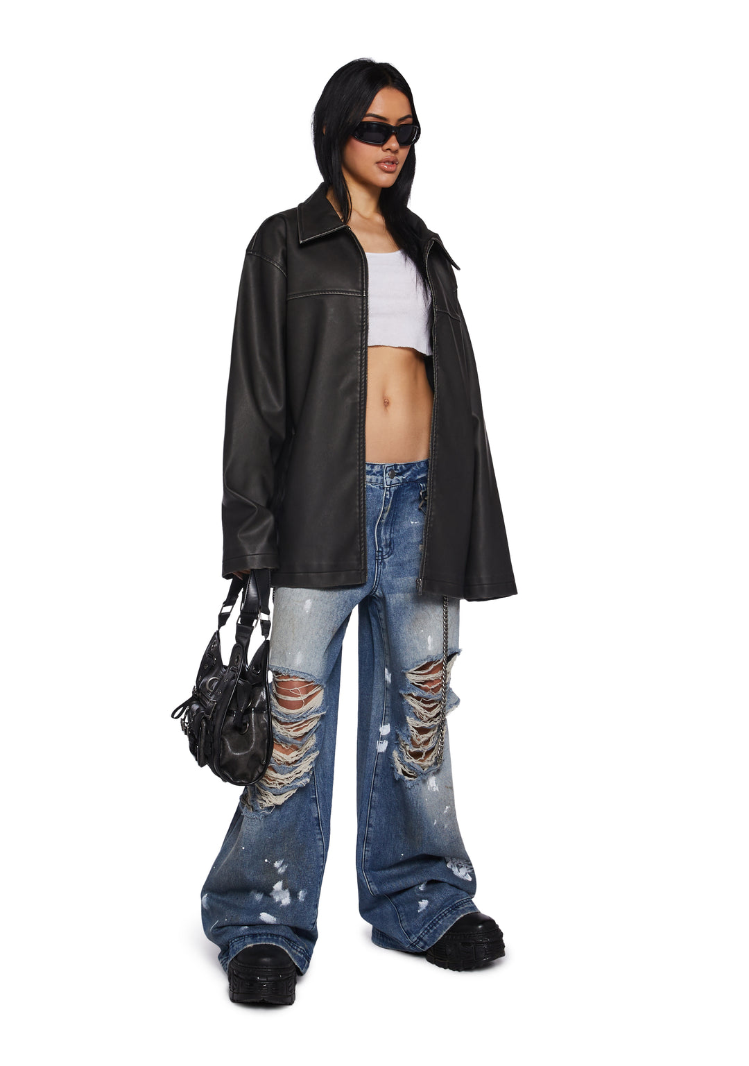 Womens Matte Vegan Leather Oversized Jacket Current Mood - Black - Image 2