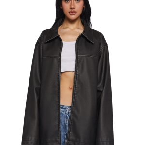 Womens Matte Vegan Leather Oversized Jacket Current Mood - Black