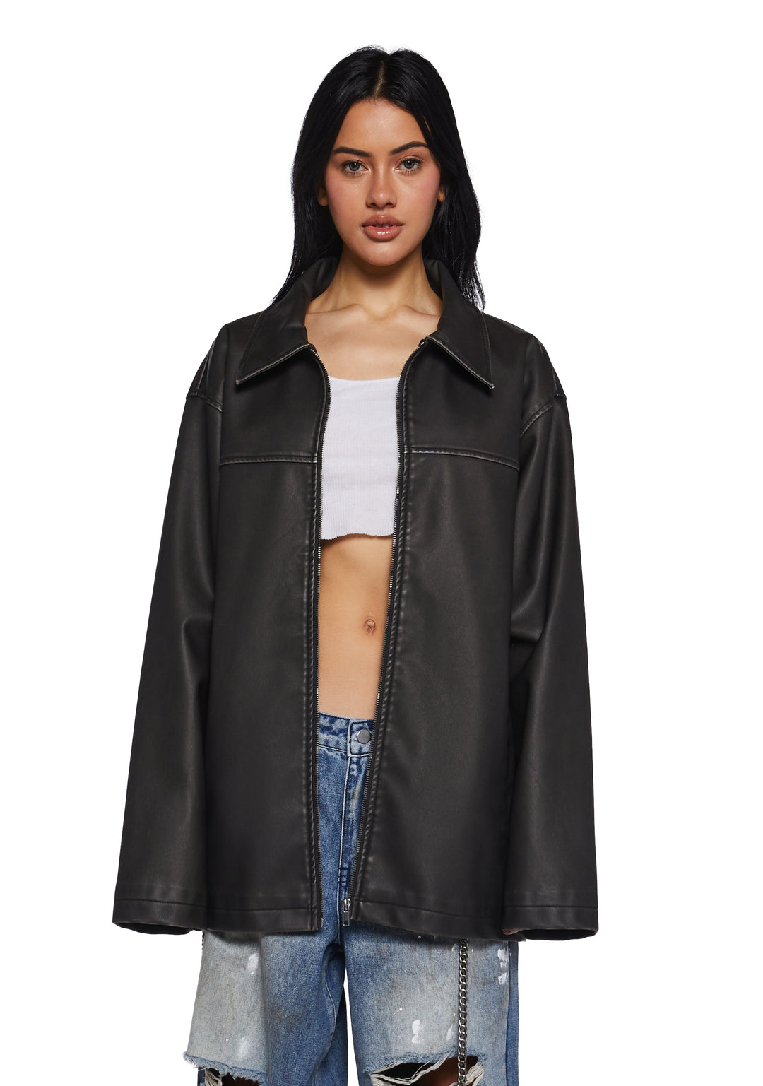 Womens Matte Vegan Leather Oversized Jacket Current Mood - Black