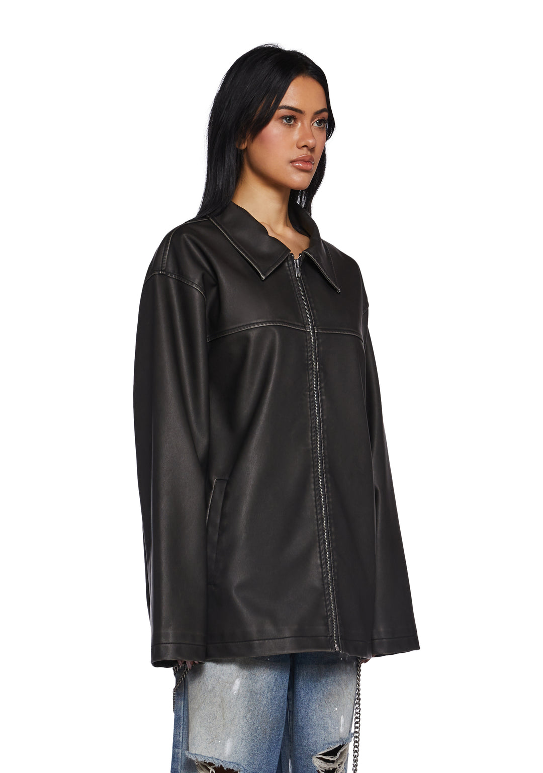 Womens Matte Vegan Leather Oversized Jacket Current Mood - Black - Image 3