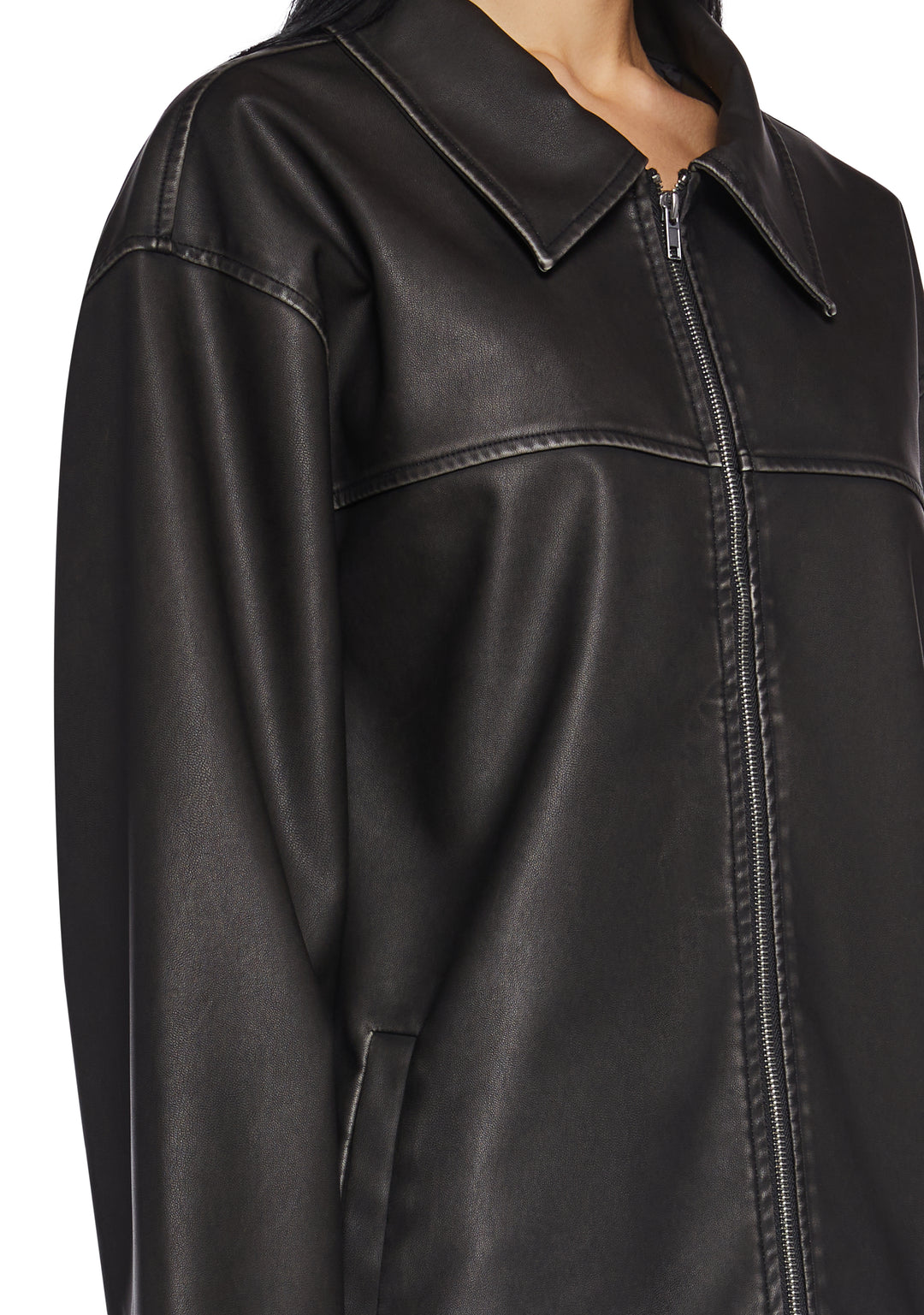 Womens Matte Vegan Leather Oversized Jacket Current Mood - Black - Image 5