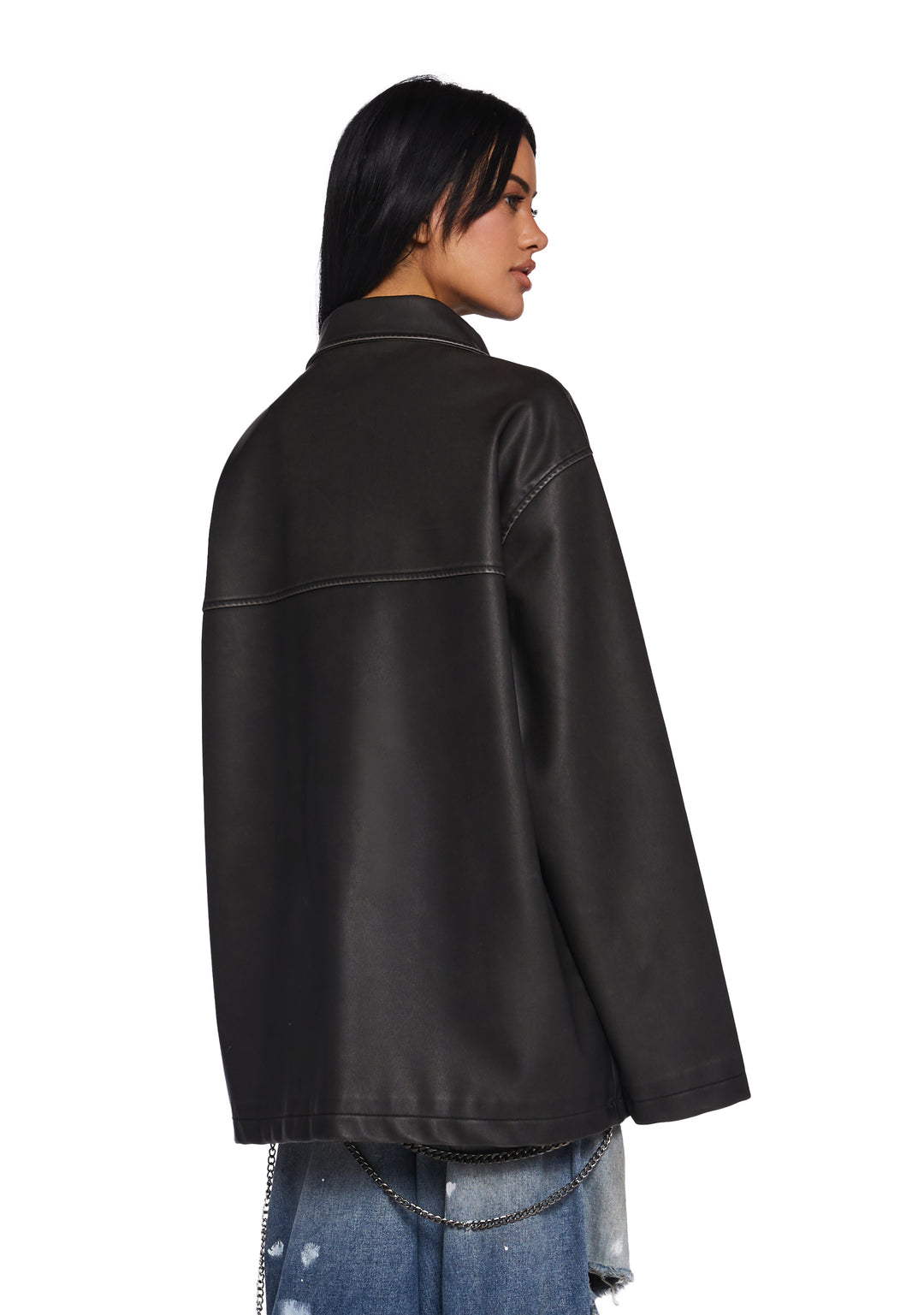 Womens Matte Vegan Leather Oversized Jacket Current Mood - Black - Image 4
