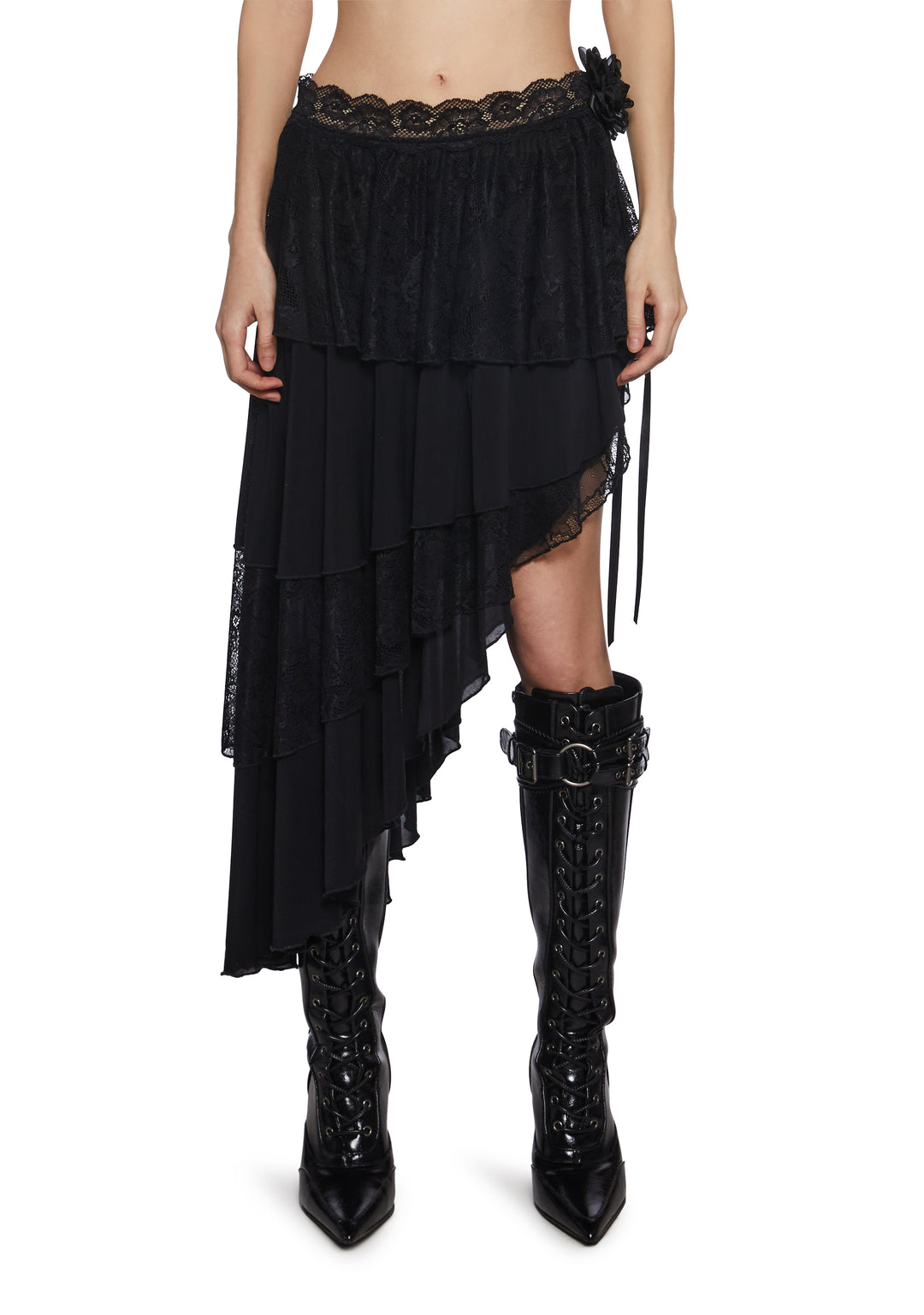 Womens Mesh Lace Midi Skirt Widow - Black