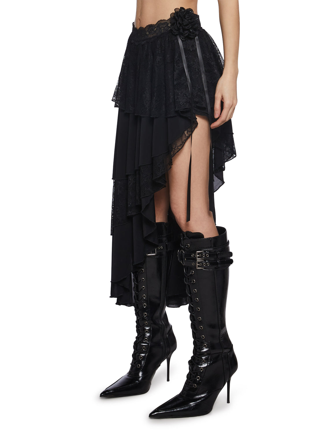 Womens Mesh Lace Midi Skirt Widow - Black - Image 5
