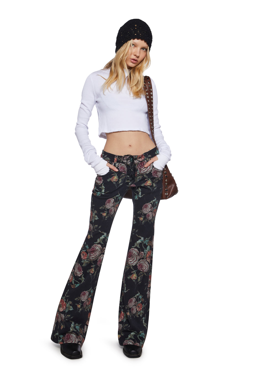 Womens Rose Print Denim Jeans Current Mood - Multi - Image 2
