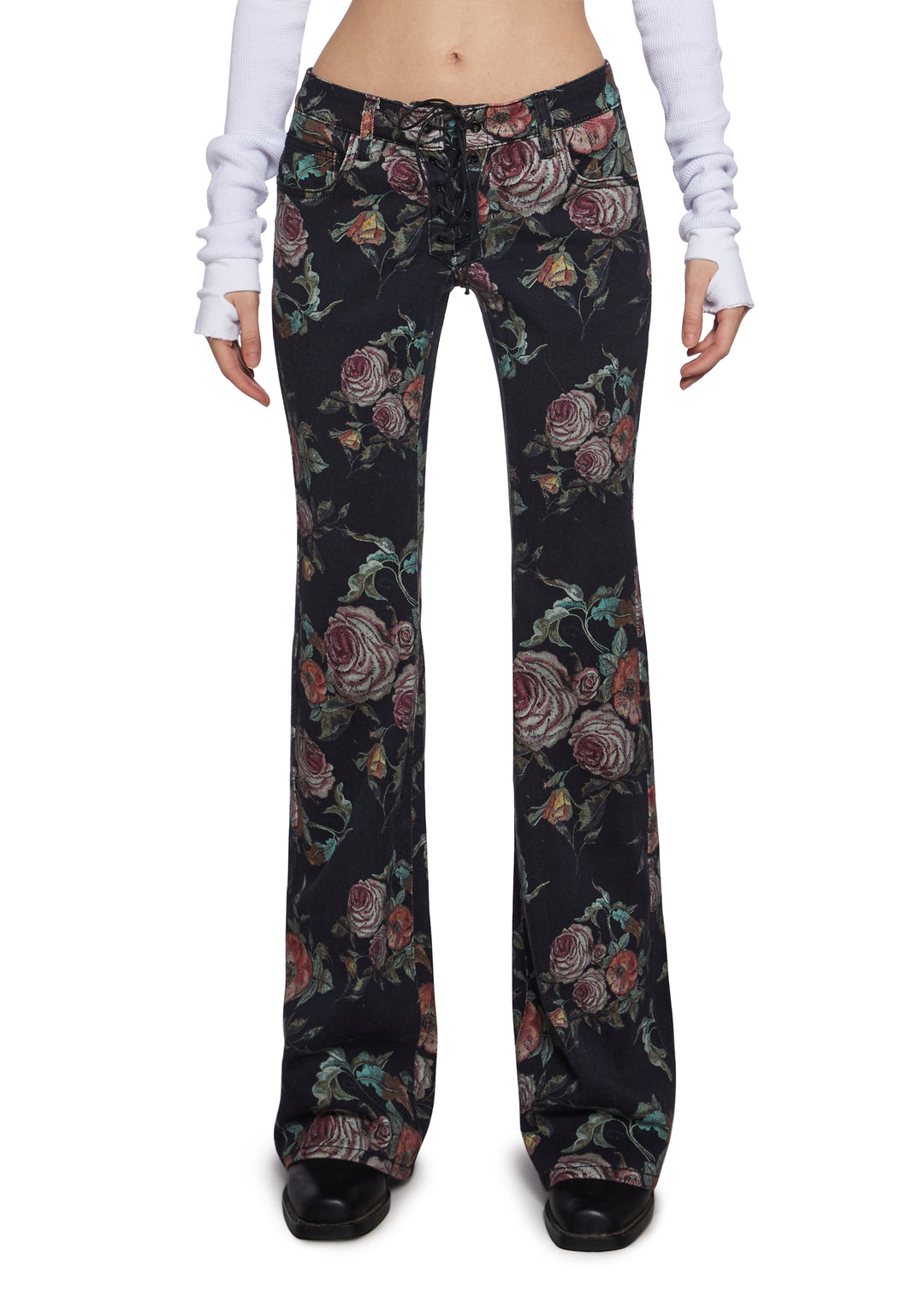 Womens Rose Print Denim Jeans Current Mood - Multi