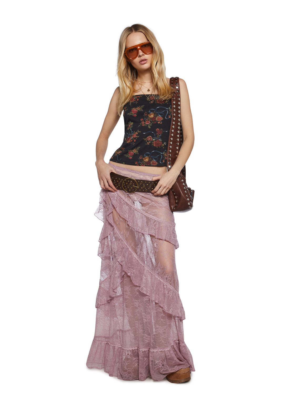 Womens Sheer Floral Lace Maxi Skirt Current Mood - Pink - Image 2